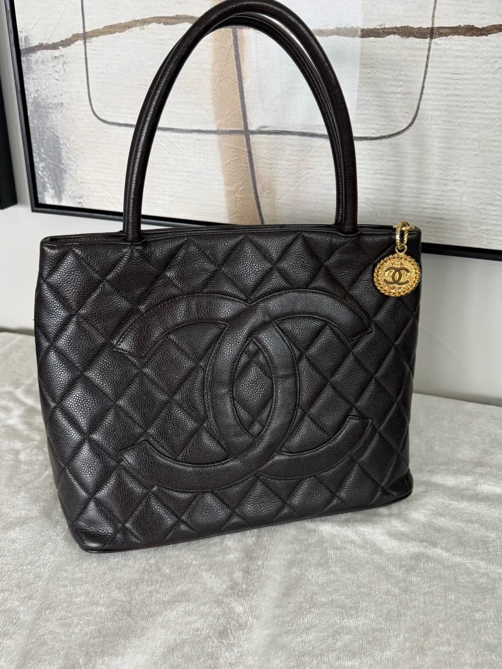 Chanel Vintage Medallion Tote Dark Brown Caviar Leather Gold Hardware